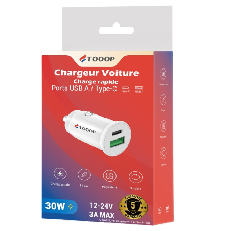 Chargeur auto USB A et Type C Tooop | Milleproduits.com : vos bonbons et chocolats préférés à prix grossiste !