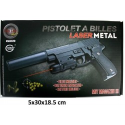 Pistolet a billes metal a ressort 20cm + laser et silencieux (18